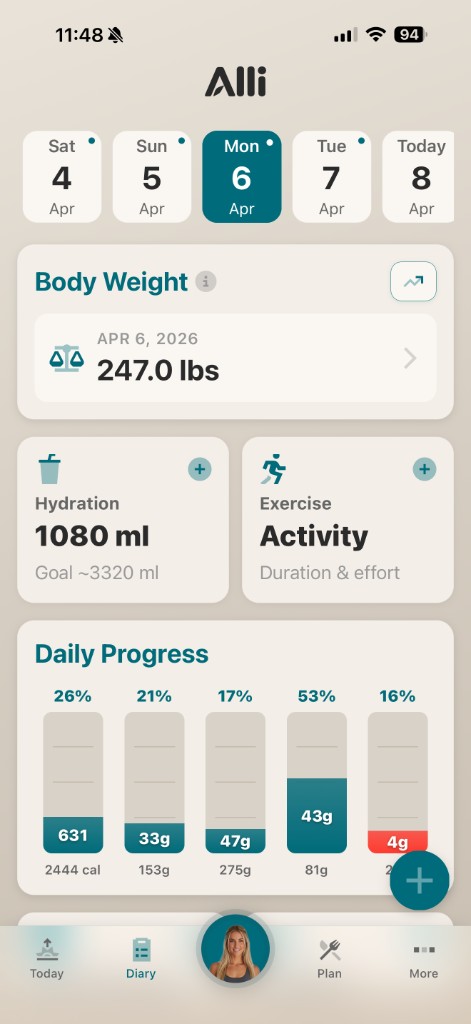 Alli Nutrition app diary: body weight, hydration, activity, and daily nutrition bars