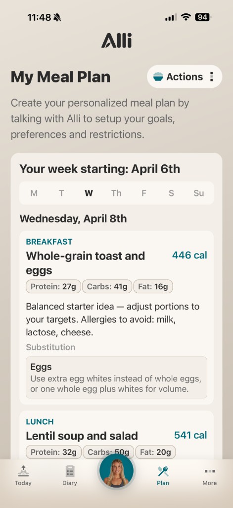 Alli Nutrition app My Meal Plan with weekly calendar and meal details