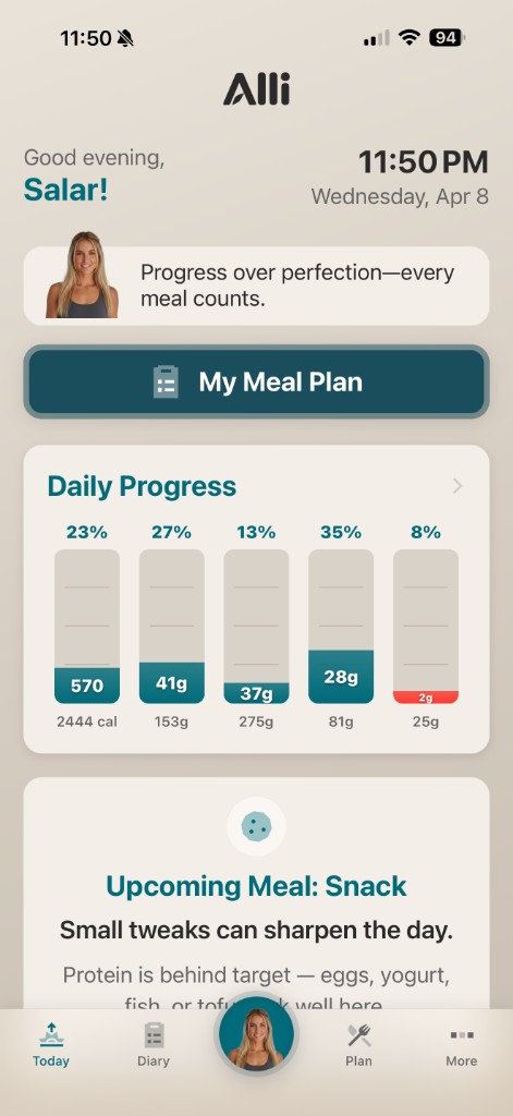 Alli Nutrition app Today: greeting, meal plan shortcut, and daily progress